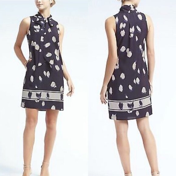 Banana Republic Women Blue Abstract Tie Neck Sleeveless Pockets Midi Dress Small - Picture 1 of 10